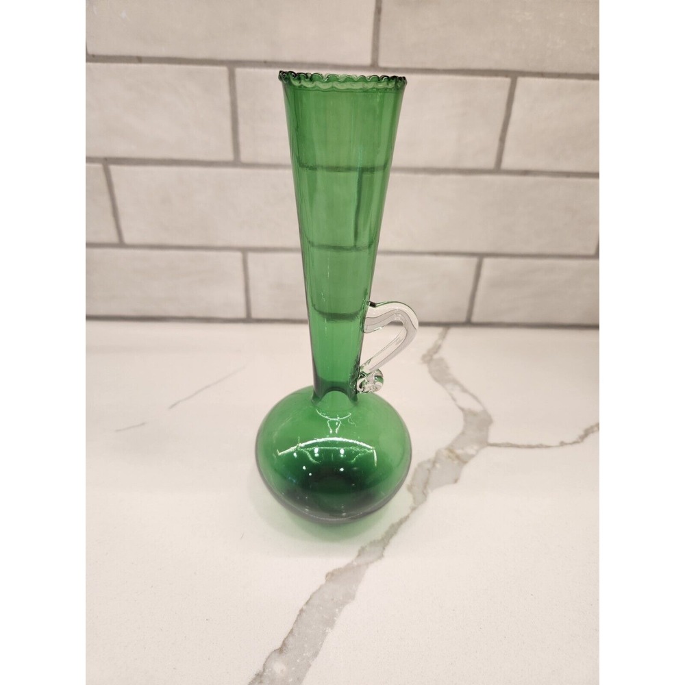 MCM Green glass Bud Flower Vase with Applied Clear Handle Vintage 8‎ Inches Tall